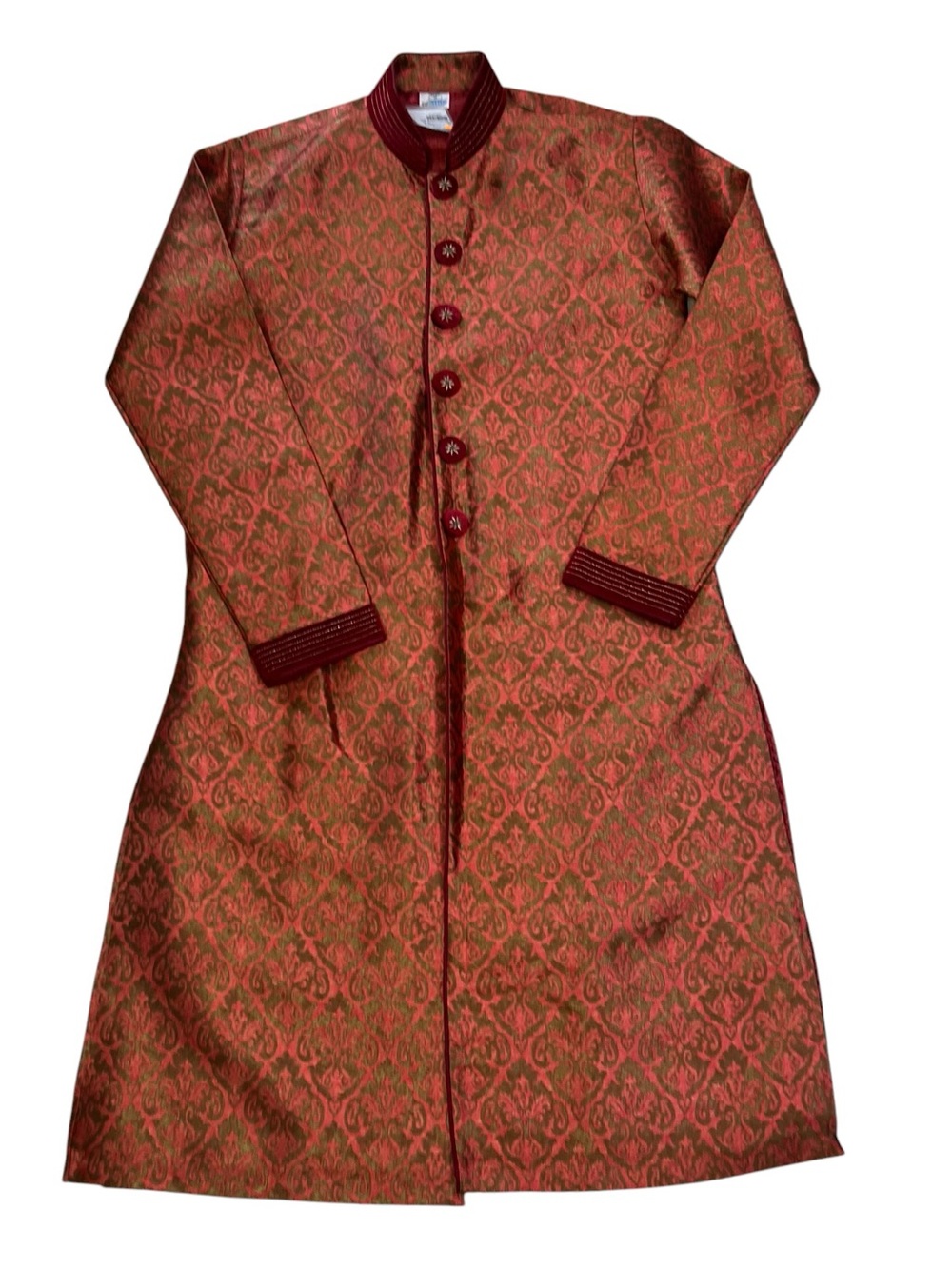 KOYO Red Gold Brocade Sherwani Formal Wedding Coat Size 36 Small 
Velvet Trim